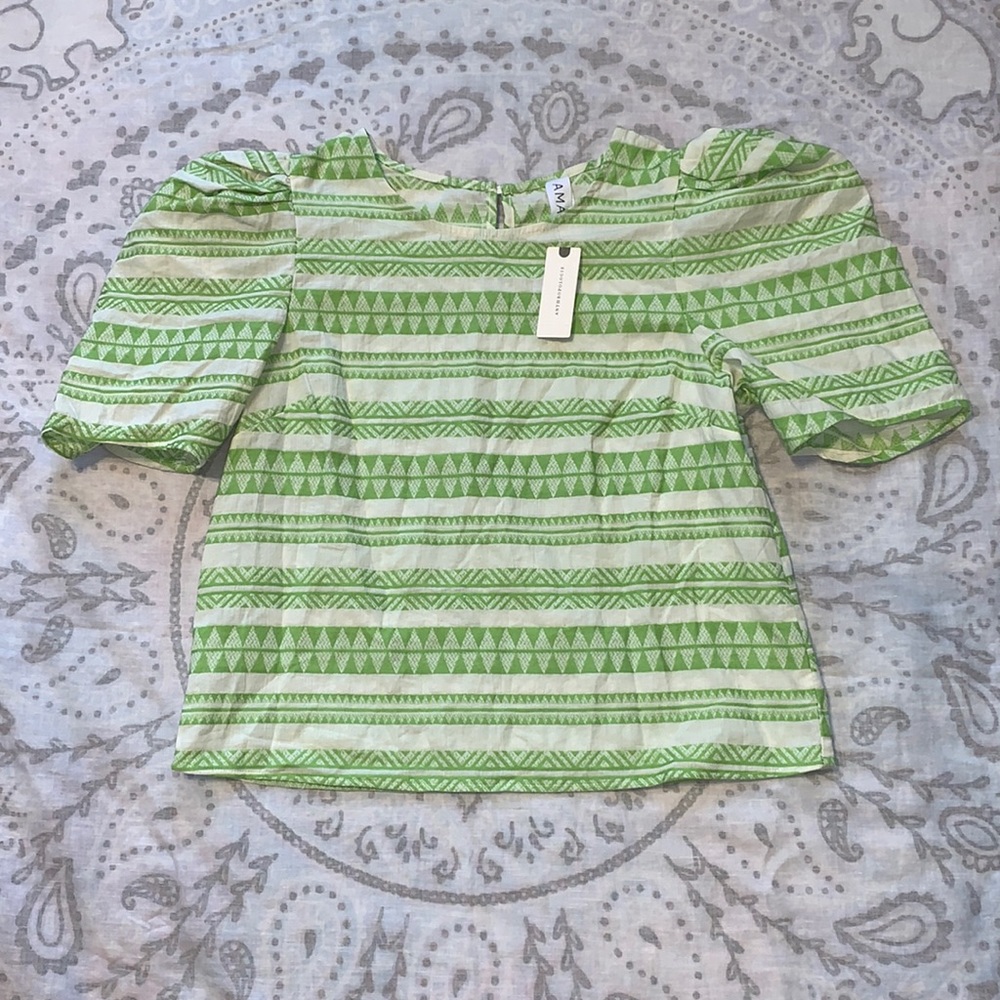 NWT Anthropologie Amadi Green Stripe Blouse Top Puff Sleeve Size M